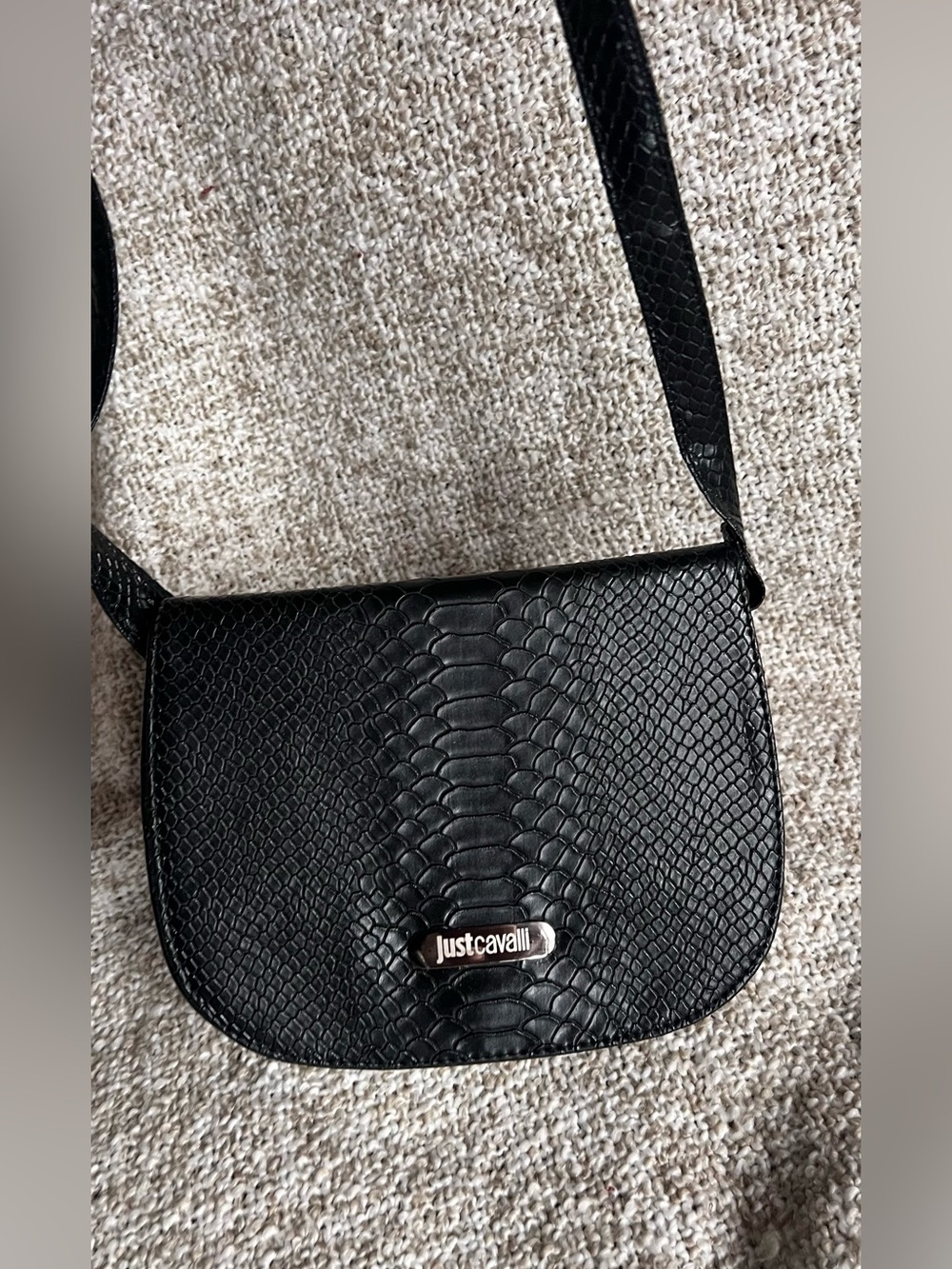 JUST CAVALLI Black Python Embossed Leather Crossbody Saddle Bag Purse